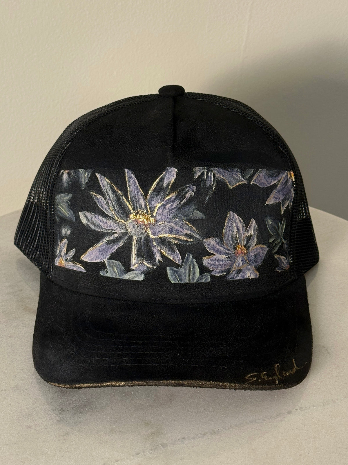 Hand painted wearable art!  Painted on black vegan suede baseball hat - purple wildflower