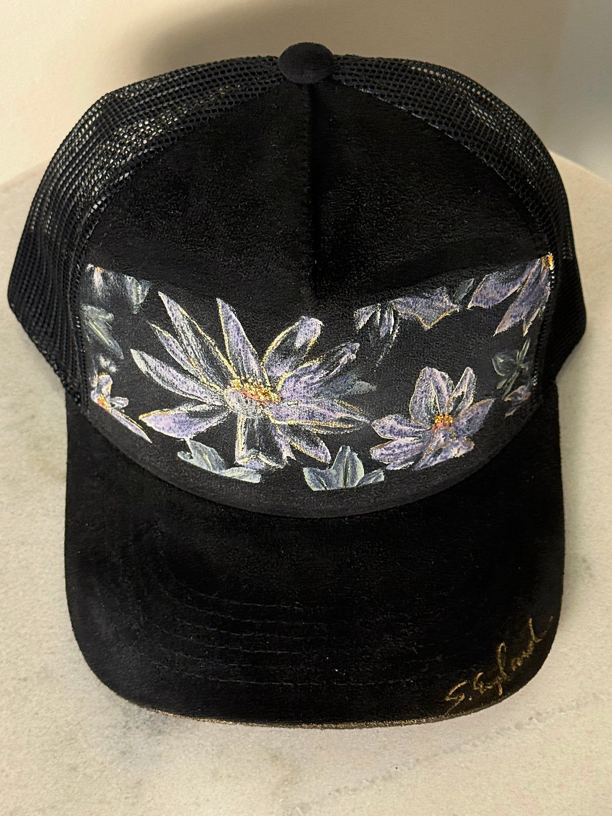 Hand painted wearable art!  Painted on black vegan suede baseball hat - purple wildflower