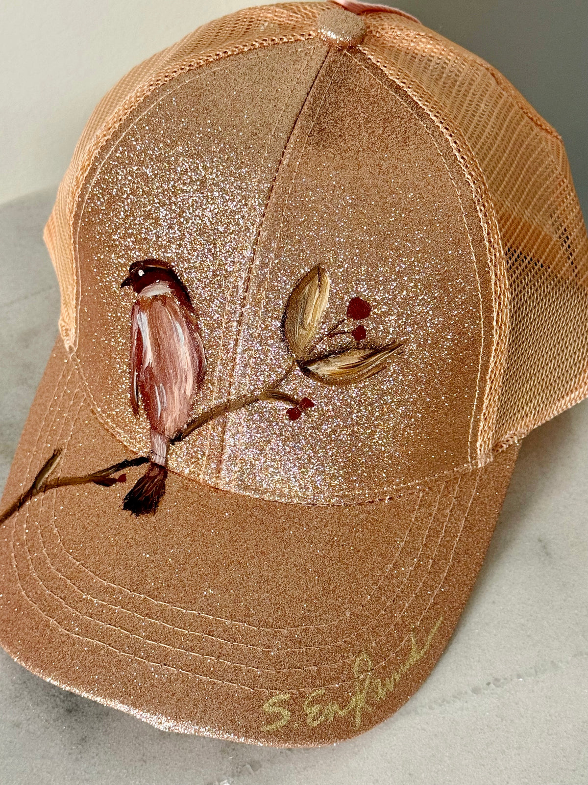 Wearable art! Hand painted bird on rose gold sparkle baseball hat