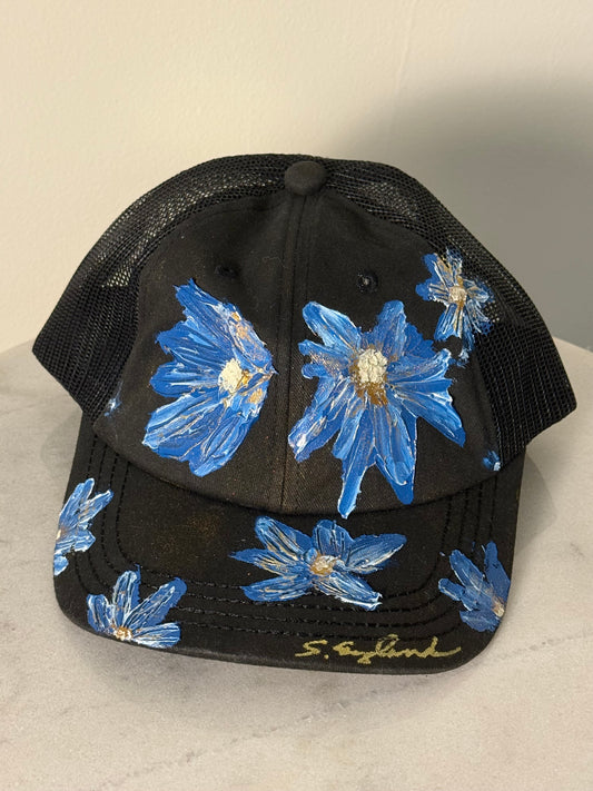 Hand painted wearable art on black cotton canvas black baseball hat - blue wildflowers