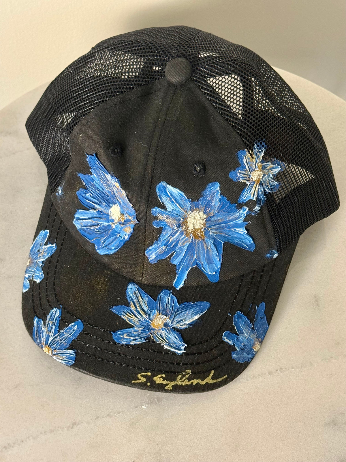 Hand painted wearable art on black cotton canvas black baseball hat - blue wildflowers