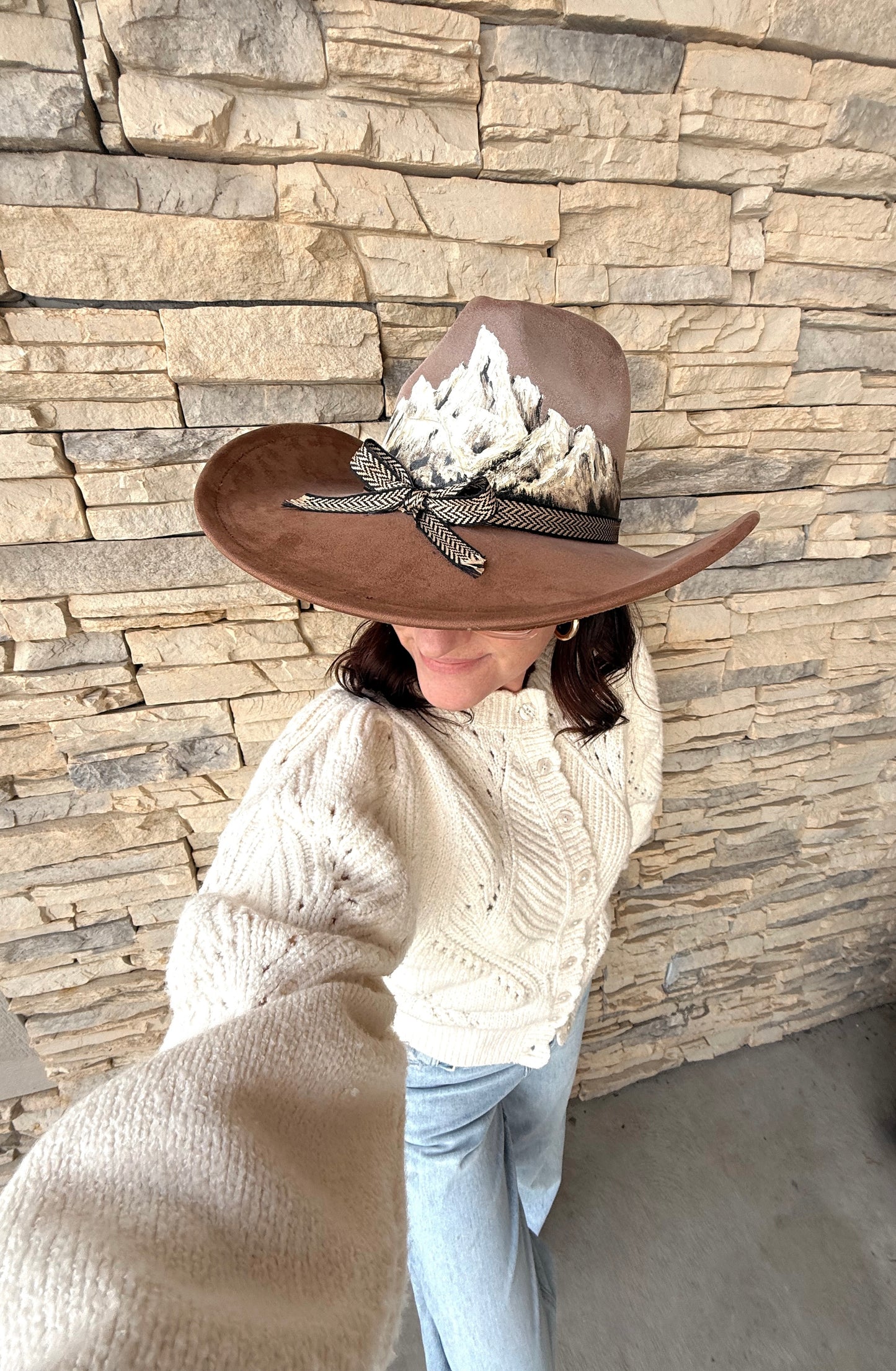 Hand painted, teton inspired faux brown suede hat