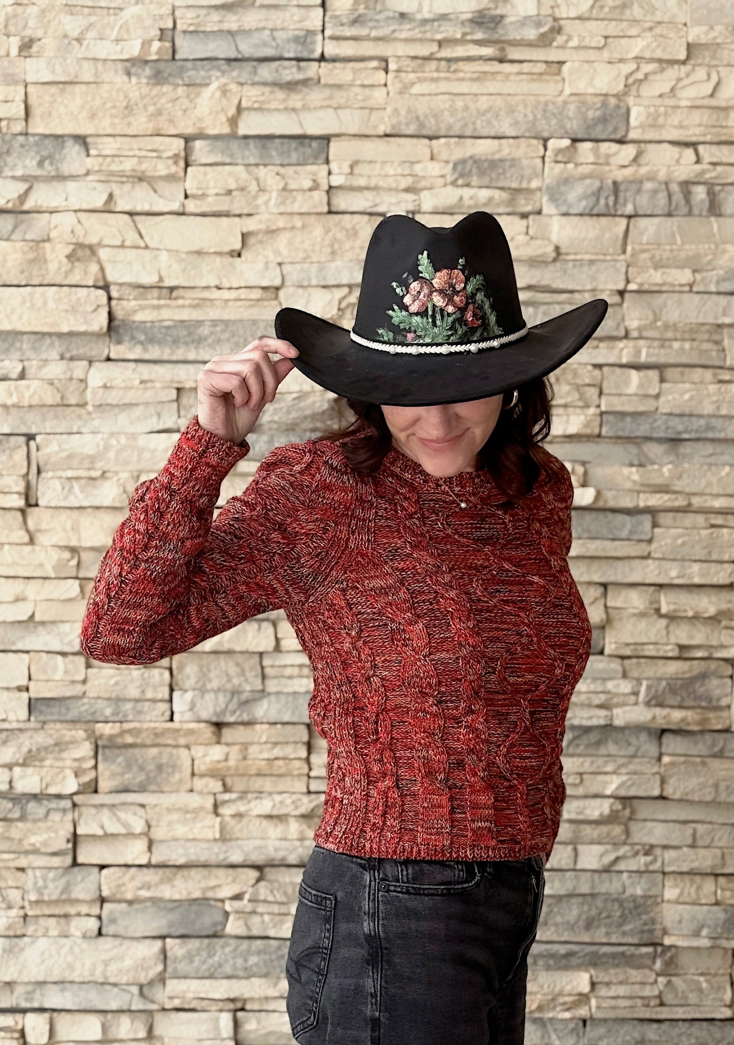 Hand painted faux suede black hat